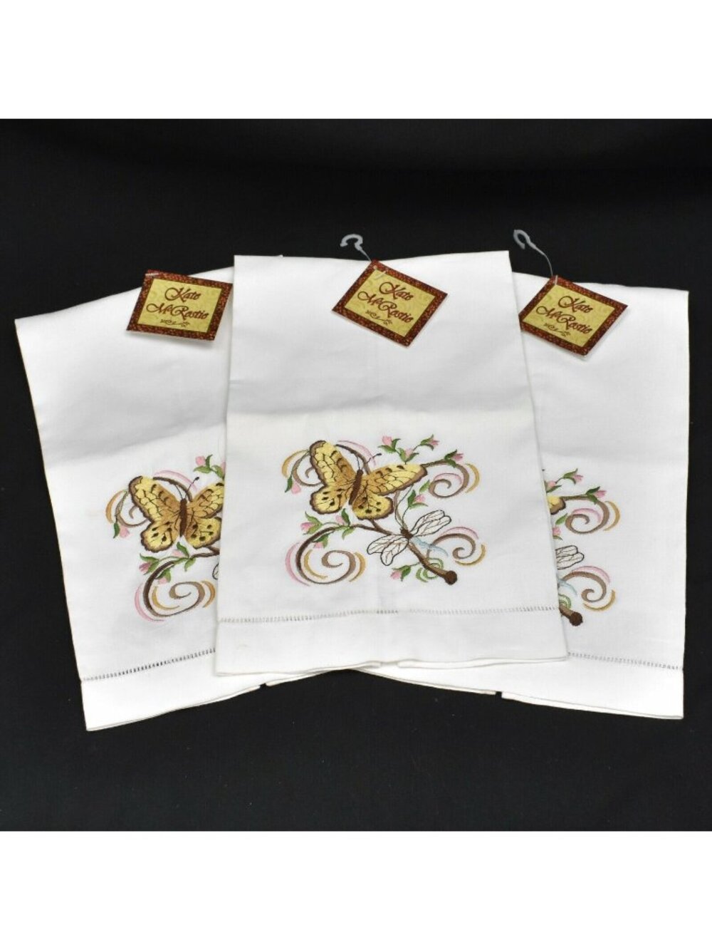 Kate McRostie Tea Towels Embroidered Butterfly Dragonfly Cotton Set of 3 White
